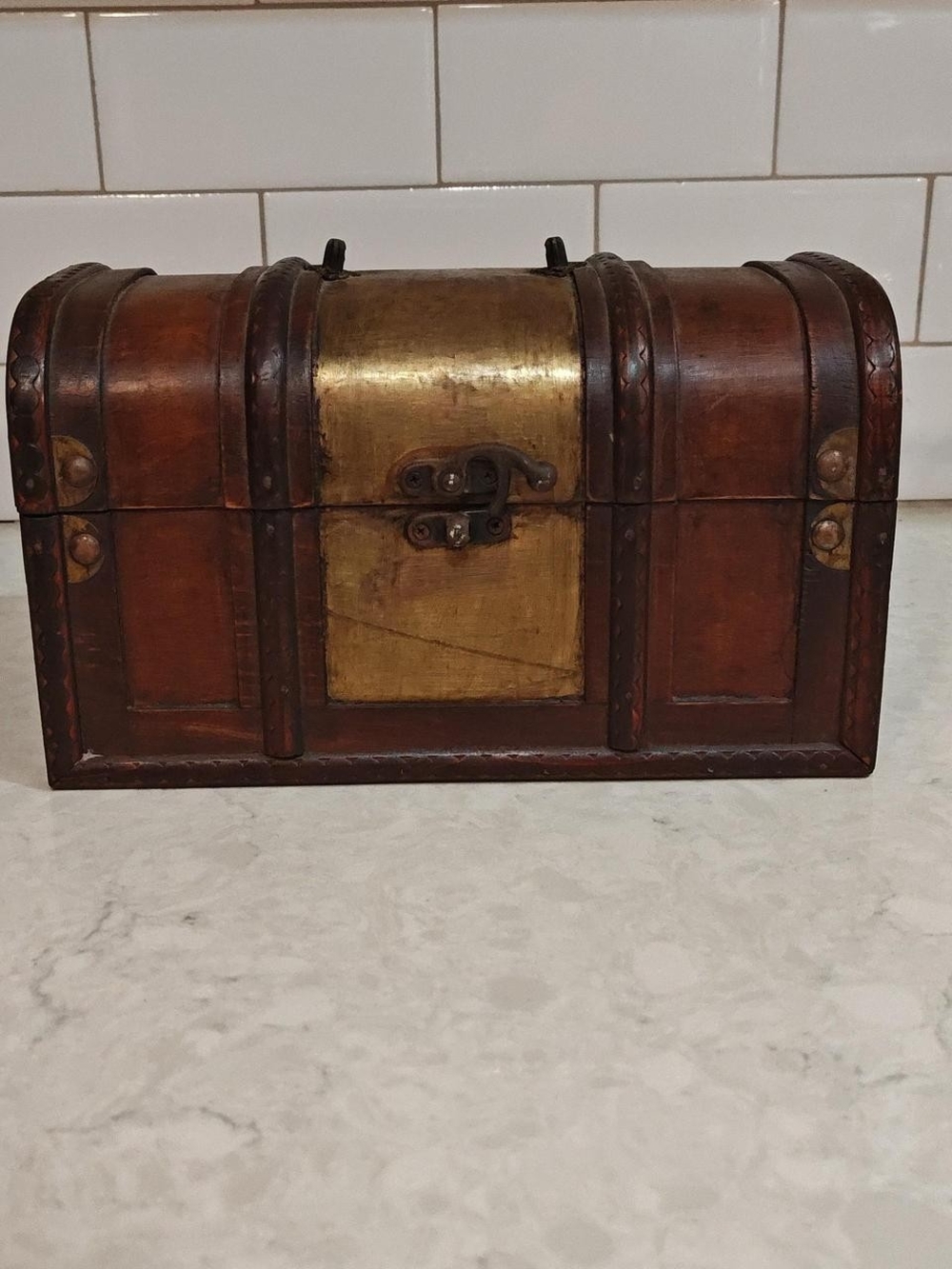 Antique-Style Wood and Brass Decorative Storage Chest Jewelry Box